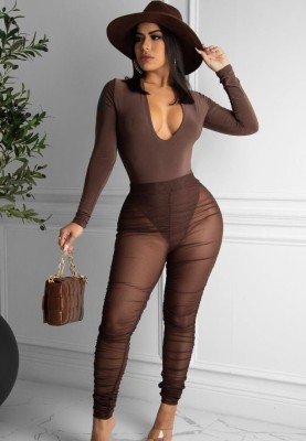 Fall Sexy Brown Plunge Neck Long Sleeve Tight Bodysuit and See Through Ruched Pants Set