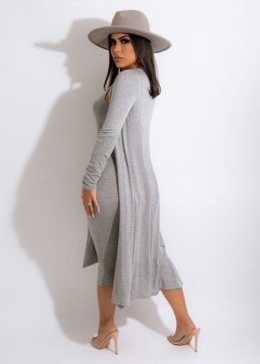Winter Sexy Grey Round Neck Sleeveless With Belt Dress And Long Coat Two Piece Set