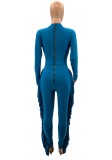 Fall Fashion Blue Hollow Out Long Sleeve Tassels Jumpsuit