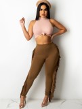 Fall Sexy Brown High Neck Sleeveless Top And Tassels Pant Two Piece Set