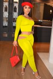 Fall Sexy Yellow One Shoulder Crop Top and Cutout Tight Pants Set