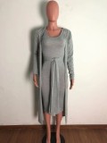Winter Sexy Grey Round Neck Sleeveless With Belt Dress And Long Coat Two Piece Set