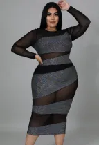 Winter Plus Size Black See Through Sequins Long Sleeve Long Dress
