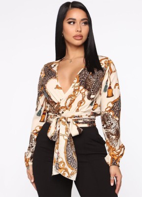 Fall Sexy Retro Chain Printed V-neck Tied Blouse