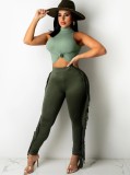 Fall Sexy Green High Neck Sleeveless Top And Tassels Pant Two Piece Set