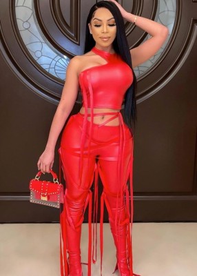 Summer Red Sexy Tassels Bodycon Crop Top and Pants Set