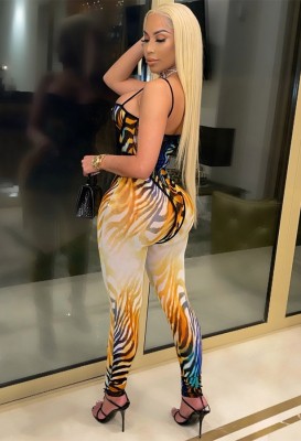 Fall Sexy Tiger Stripes Sling Bodysuit and Skinny Pants Set