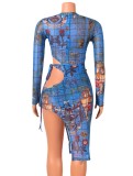 Fall Sexy Blue Print Cutout Bodysuit and Irregular Skirt Set