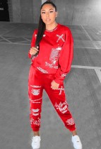 Fall Casual Printed Red Loose Sweatshirt and Match Sweatpants Set