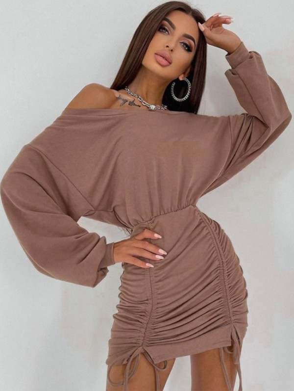 Fall Sexy Brown Off Shoulder Lace-up Ruched Mini Dress