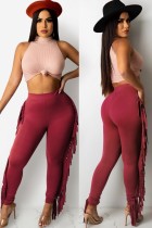 Fall Sexy Red High Neck Sleeveless Top And Tassels Pant Two Piece Set