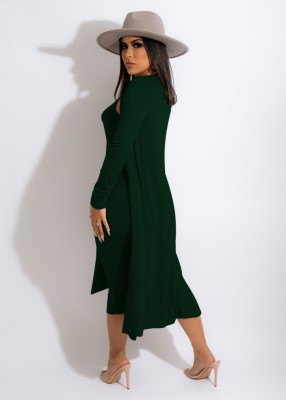 Winter Sexy Green Round Neck Sleeveless With Belt Dress And Long Coat Two Piece Set