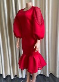 Winter Formal Red Puff Sleeve O-Neck Mermaid Long Party Dress