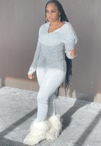 Winter Casual Grey Hooded Crop Top and Pants Two Piece Set