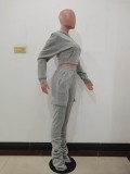 Winter Sports Grey Hooded Crop Top and Pants 2 Piece Sweatsuit