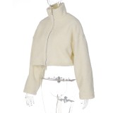 Winter White Puff Sleeve Zipped Up Cropped Fleece Coat