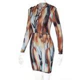 Autumn Multi-color Sexy Lace-Up Print Long Sleeve Mini Party Dress