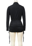Autumn Casual Black Long Sleeve Blouse and Ruched Mini Skirt Two Piece Set