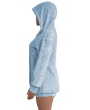 Winter Blue Fleece Hooded Top and Shorts 2 Piece Lounge Set