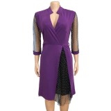 Autumn Plus Size Formal Mesh Patch Polka Dot Purple Knee-Length Office Dress