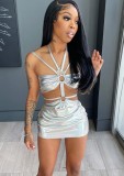 Summer Silver Metallic Sexy Keyhole Hollow Out Strap Mini Party Dress