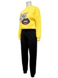 Autumn Casual Yellow and Black Print Shirt and Sweatpants Two Piece Set