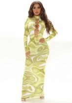 Winter Print Green Sexy Hollow Out Keyhole Long Bodycon Party Dress