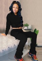 Winter Sports Black Hooded Crop Top and Pants 2 Piece Sweatsuit
