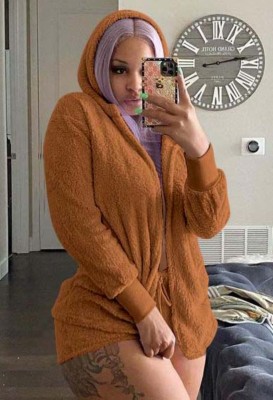 Winter Brown Fleece Hooded Top and Shorts 2 Piece Lounge Set