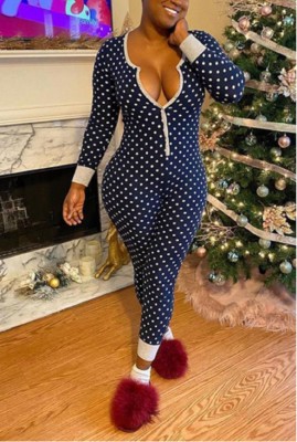 Winter Plus Size Blue Polka Print Button Up Onesie Christmas Pajama Jumpsuit