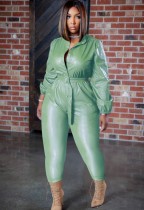 Winter Formal Green Leather Button Up Long Sleeve Jumpsuit with Belt