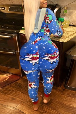 Winter Plus Size Blue Print Zipped Up Hooded Onesie Christmas Pajama Jumpsuit
