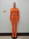 Winter Sports Orange Hooded Crop Top and Pants 2 Piece Sweatsuit