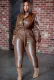 Winter Formal Brown Leather Button Up Long Sleeve Jumpsuit with Belt