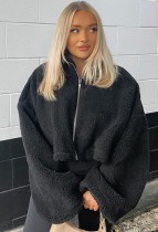 Winter Black Puff Sleeve Zipped Up Cropped Fleece Coat