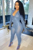 Fall Party Sky Blue Zipped Up Sexy Long Sleeve Bodycon Jumpsuit