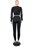 Winter Casual Black Hooded Crop Top and Pants Two Piece Set