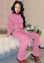 Winter Sports Pink Hooded Crop Top and Pants 2 Piece Sweatsuit