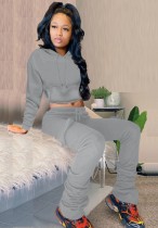 Winter Sports Grey Hooded Crop Top and Pants 2 Piece Sweatsuit