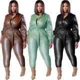 Winter Formal Green Leather Button Up Long Sleeve Jumpsuit with Belt