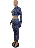 Autumn Sports Blue Camo Print Cropped Jacket and High Waist Leggings Two Piece Set