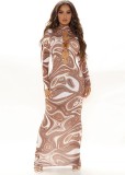 Winter Print Brown Sexy Hollow Out Keyhole Long Bodycon Party Dress