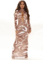 Winter Print Brown Sexy Hollow Out Keyhole Long Bodycon Party Dress