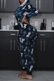 Winter Plus Size Dark Blue Print Zipped Up Hooded Onesie Christmas Pajama Jumpsuit