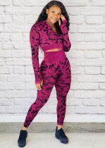 Autumn Sports Rose Camo Print Cropped Jacket and High Waist Leggings Two Piece Set