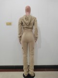Winter Sports Khaki Hooded Crop Top and Pants 2 Piece Sweatsuit