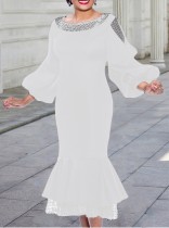 Winter Formal White Puff Sleeve O-Neck Mermaid Long Party Dress