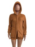 Winter Brown Fleece Hooded Top and Shorts 2 Piece Lounge Set