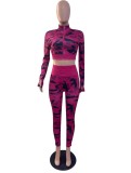 Autumn Sports Rose Camo Print Cropped Jacket and High Waist Leggings Two Piece Set