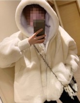 Winter White Fleece Zipped Up Hooded Thick Coat